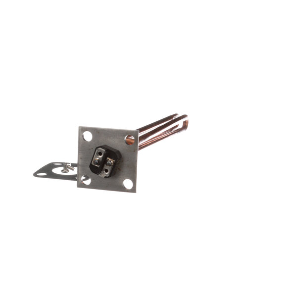 A Hatco heating element with two wires and a metal plate with a screw on it.
