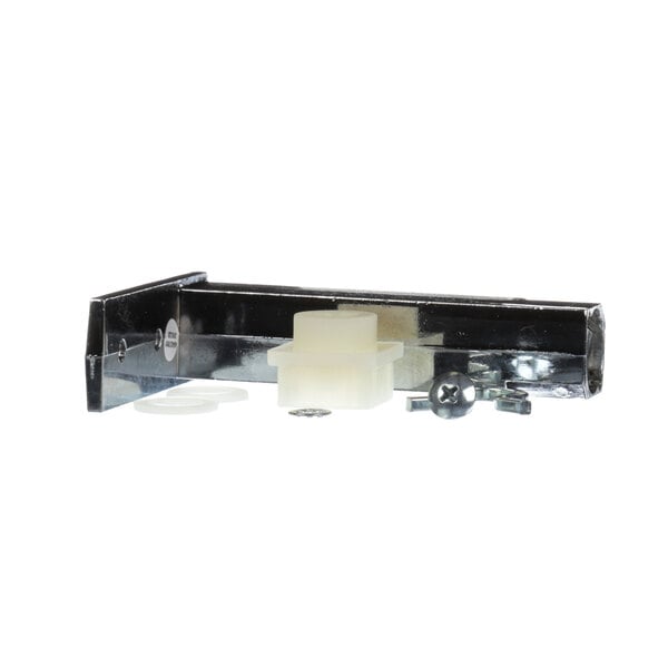 A metal hinge assembly with white and black plastic components.