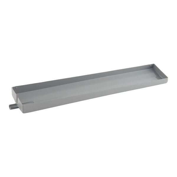 A rectangular, gray plastic tray with raised edges and a small protruding spout on one end.