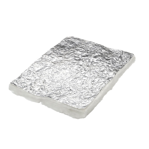 A close-up of a piece of foil wrapped insulation.