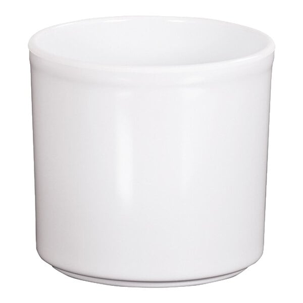 A white round melamine condiment jar with a 2-quart capacity.