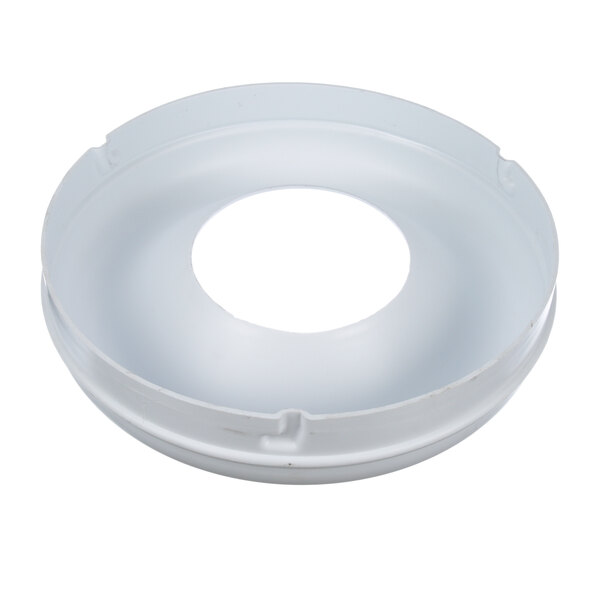 A white plastic circular hopper with a hole in the middle.