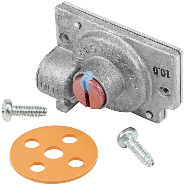A metal Bakers Pride LP regulator with screws and nuts.