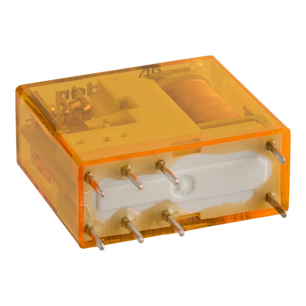 A rectangular electronic component with a translucent orange casing and multiple metal pins protruding from one side.