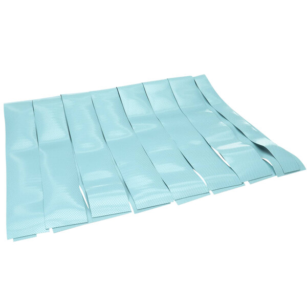 A blue plastic curtain with several blue plastic strips.