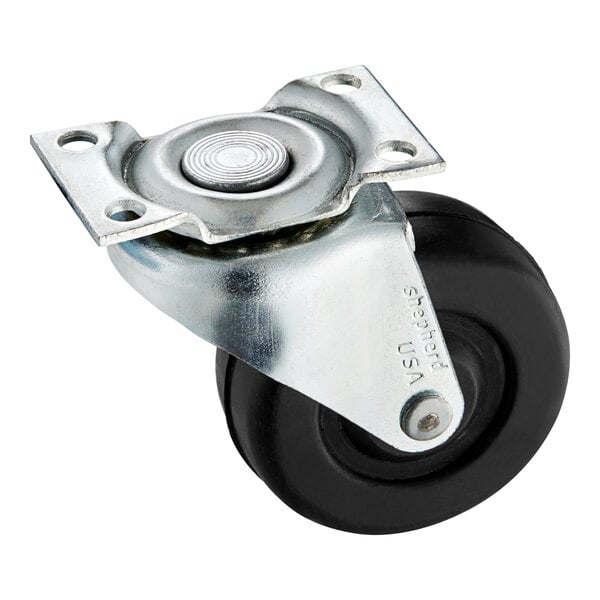 A black metal swivel caster wheel.