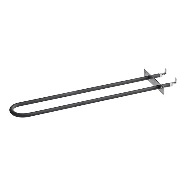 A black metal heat element with two black pipes on the ends.