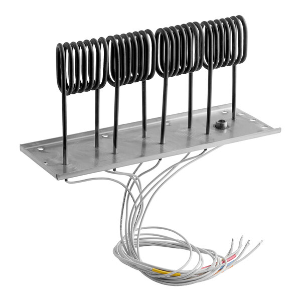 A Vulcan heating element with wires attached to a metal plate.