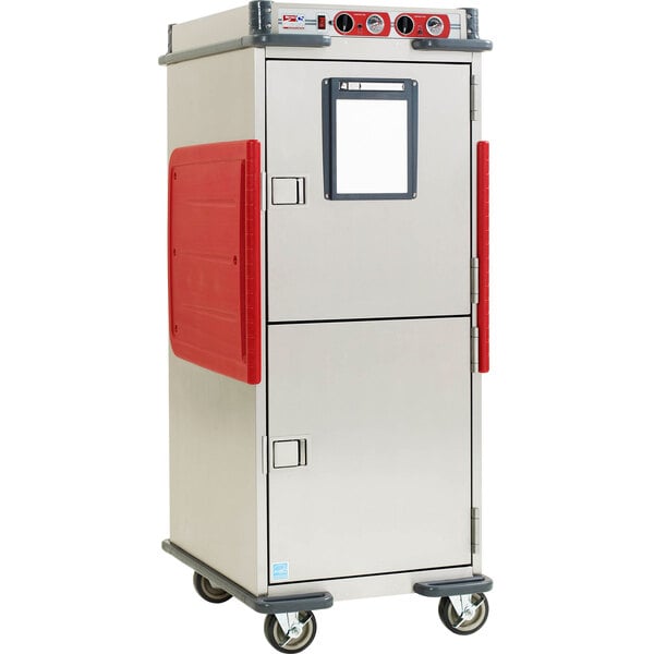 A stainless steel Metro C5 T-Series heated holding cabinet with wheels.