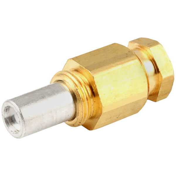 A close-up of a metal cylinder with a brass threaded connector.