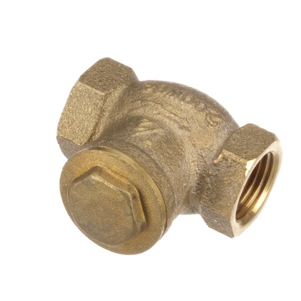 A close-up of a Cleveland brass check valve with a nut on the end.