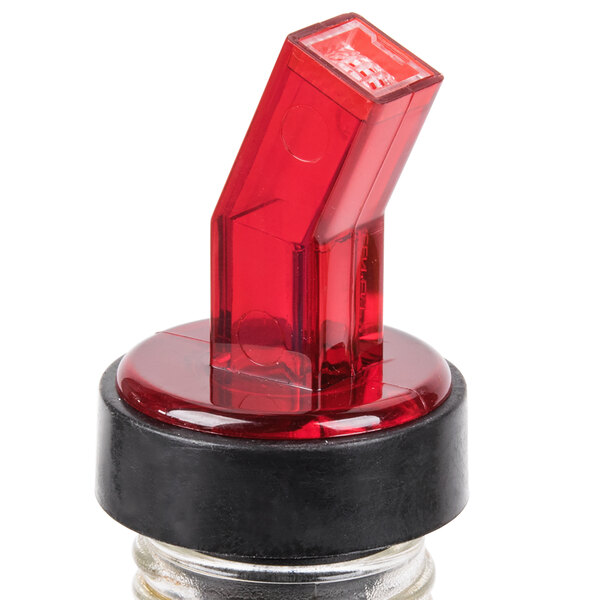 A Tablecraft red liquor pourer with a black rubber cap.