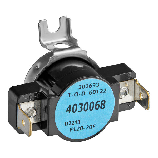 A Lincoln 369507 bi-metal thermostat with a blue label and metal mounting bracket.