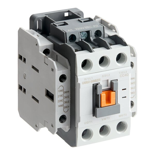 A gray and white electrical contactor with multiple connection points and an orange switch, used for controlling power in devices such as toasters.