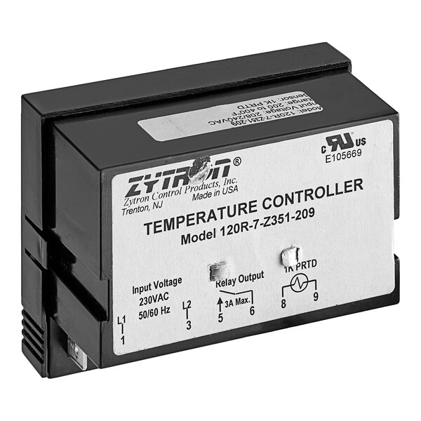 A black Accutemp electric thermostat with white label on the front.