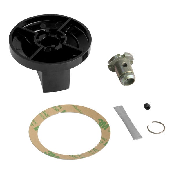 A Garland / US Range GF Series knob assembly kit with various components including a black plastic knob, metal parts, a gasket, and small hardware pieces.