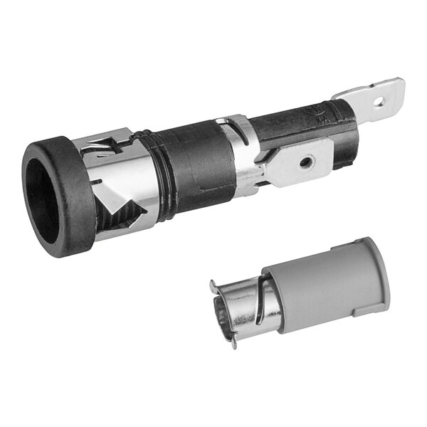 A close-up of a black and silver Henny Penny fuse holder with a metal clip.