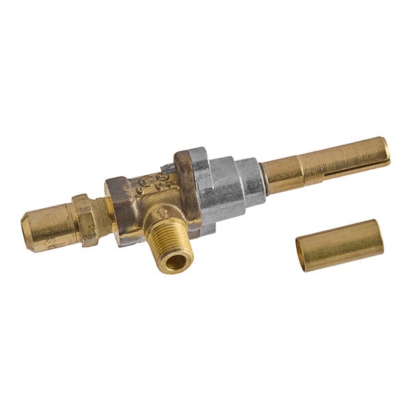 A brass US Range top burner valve with brass fittings.