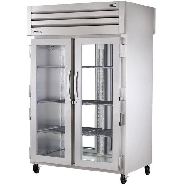 A True Spec Series glass door pass-through refrigerator on a white background.