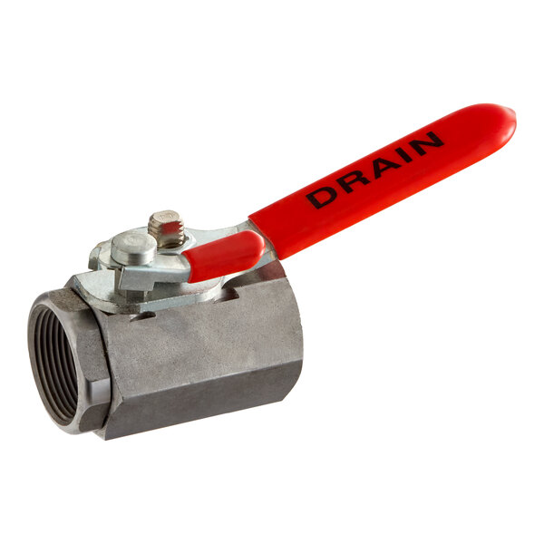 A metal valve with a red handle labeled 'DRAIN' and a 1-1/4 inch threaded opening, used for controlling fluid flow.
