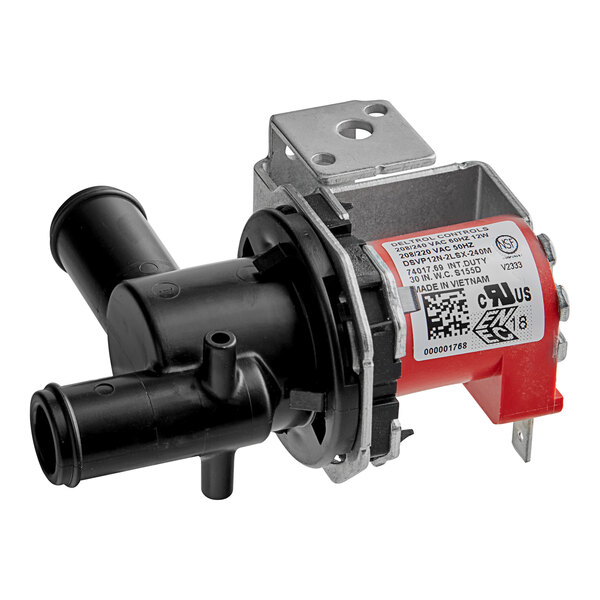 A black and red Manitowoc Ice dump valve.