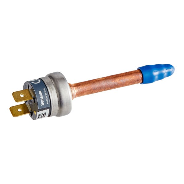 A blue and copper Manitowoc Ice pressure switch with a blue handle.