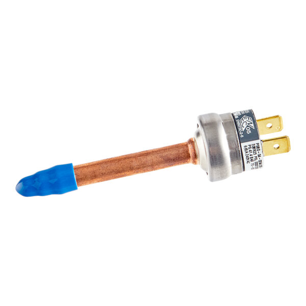 A close-up of a blue and copper Manitowoc Ice pressure switch with a white background.