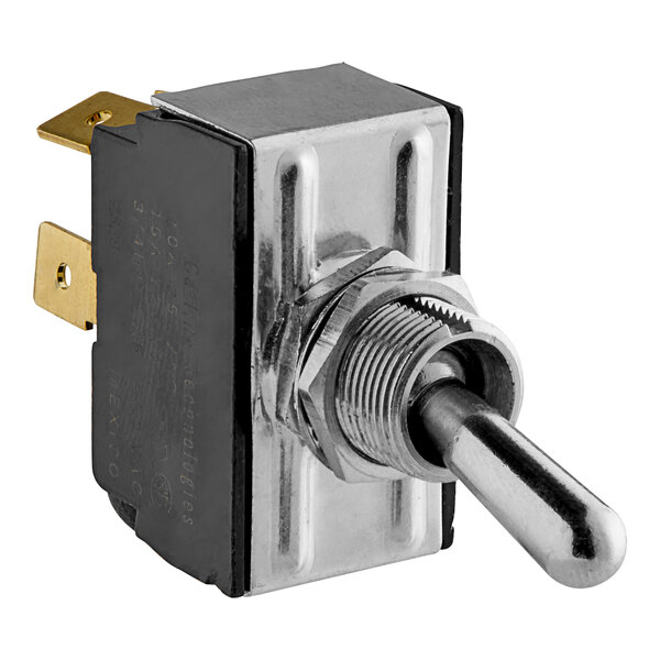 A Hobart metal toggle switch with a metal handle and gold knob.