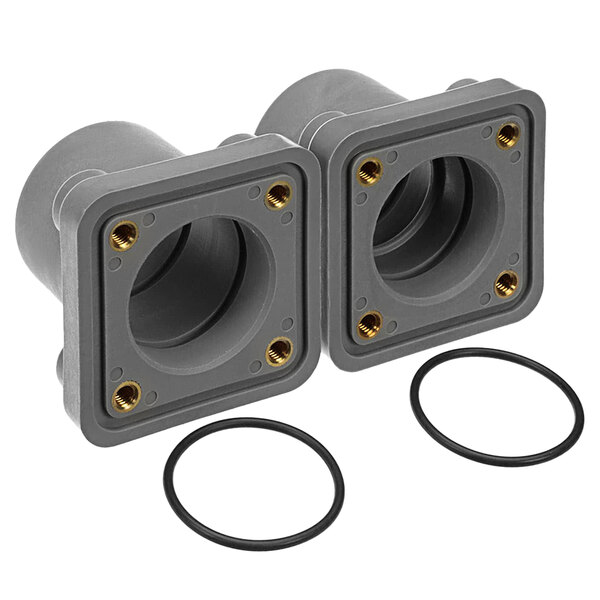 A pair of grey plastic Hobart dishwasher coupling parts with rubber rings.