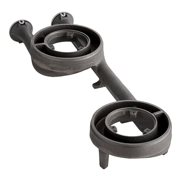 A black metal Vulcan double burner venturi with round holes.