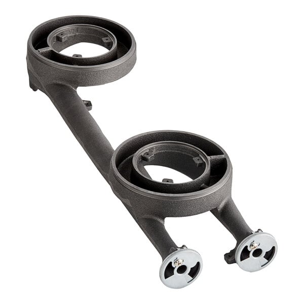 Two black metal brackets with round holes.