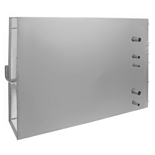 A rectangular metal box with four holes on top.