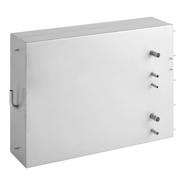 A rectangular stainless steel tank with multiple pipe fittings on one side.