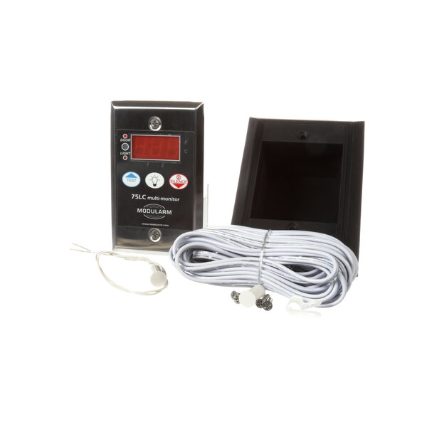 A Norlake Mod Alarm black box with a red screen and white cable.