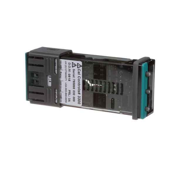 A close-up of a black A la Cart temp control device with a blue light.