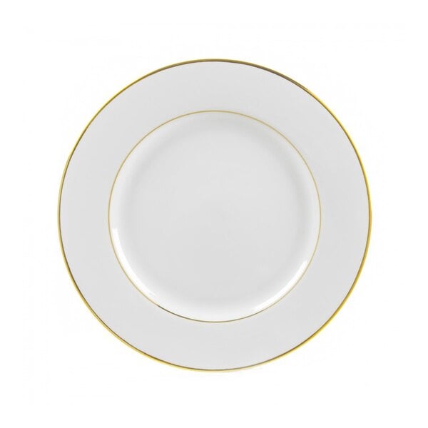 A white porcelain plate with gold trim.