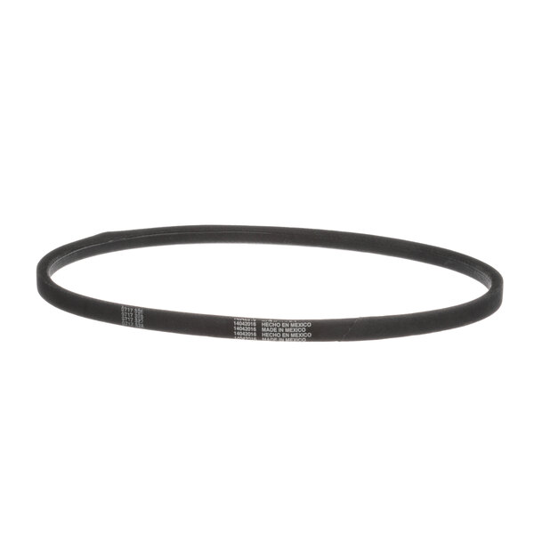 A black rubber belt with white text.