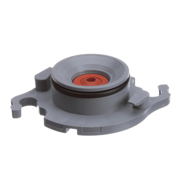 A grey circular water pump with a red center.