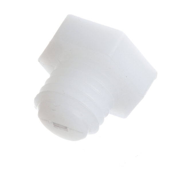 A close-up of a white plastic screw with a square head.