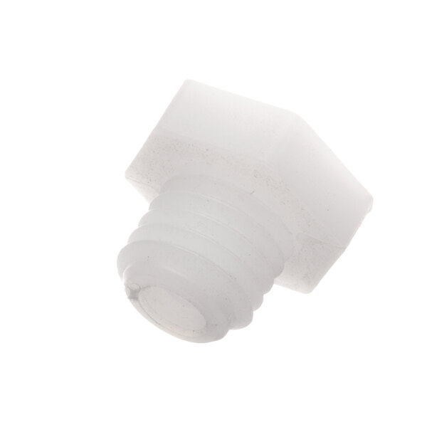 A close-up of a white plastic screw with a screw in it.