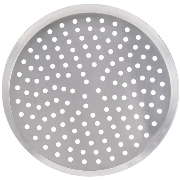 An American Metalcraft heavy weight aluminum pizza pan with holes.