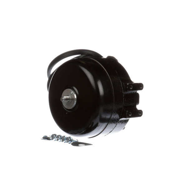 A black round electric motor with a screw.