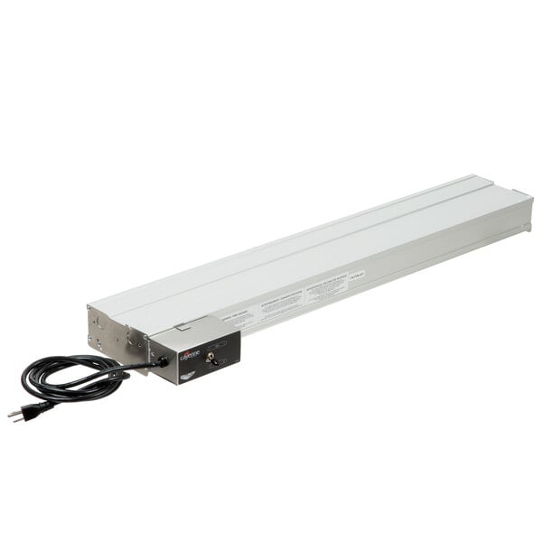 A long rectangular white Vollrath strip warmer with a black cord.