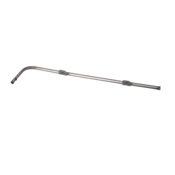 A metal curved silver pipe with a handle on it.