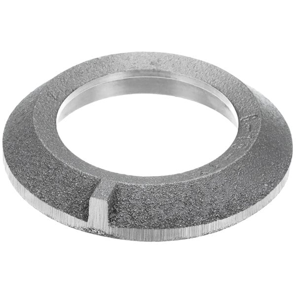 A stainless steel Varimixer fork ring with a hole in it.