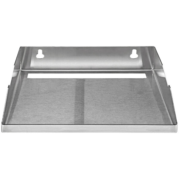 A Duke stainless steel discharge pan with holes in it.