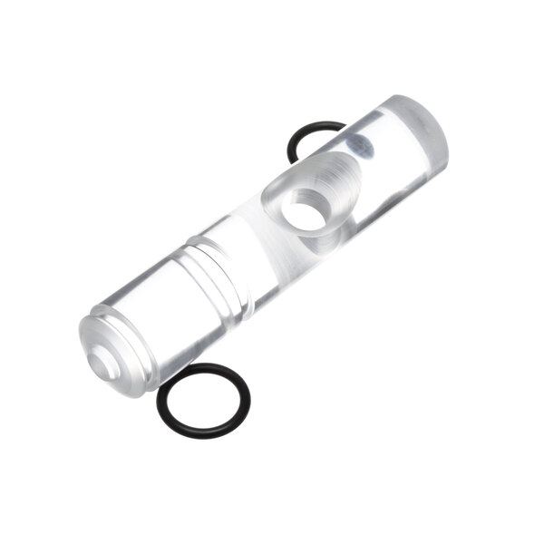 A clear plastic tube with black rubber rings.