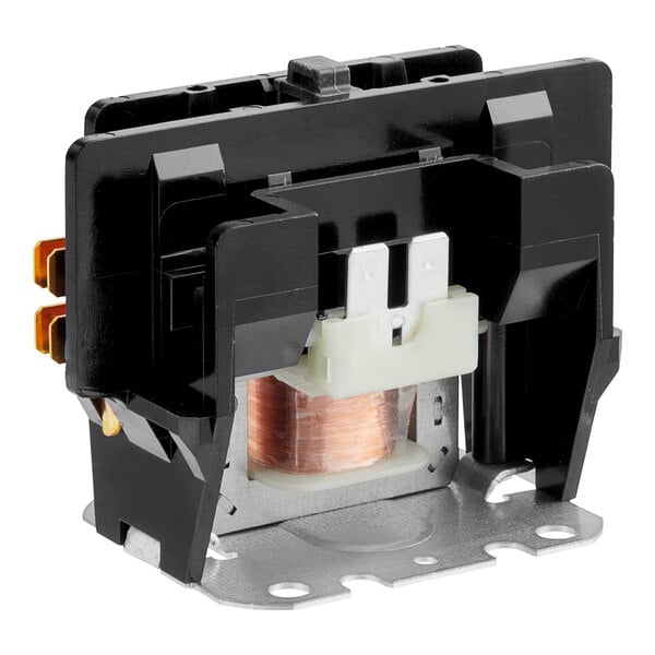 A black and silver electrical contactor with a copper wire.