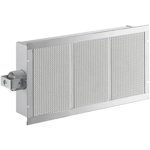 A white metal Accutemp IR main burner panel with holes.