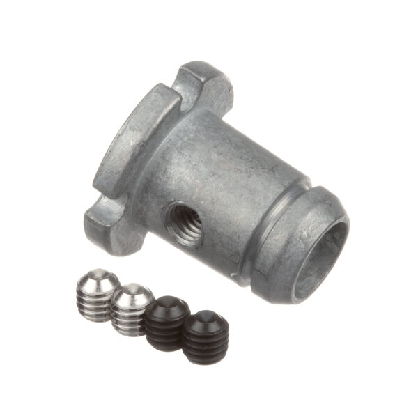 A metal threaded nut and screw on a metal piece.